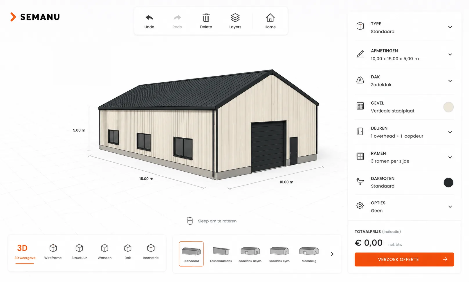 3D-Konfigurator einer Industriehalle mit Live-Zusammenstellung und Preis