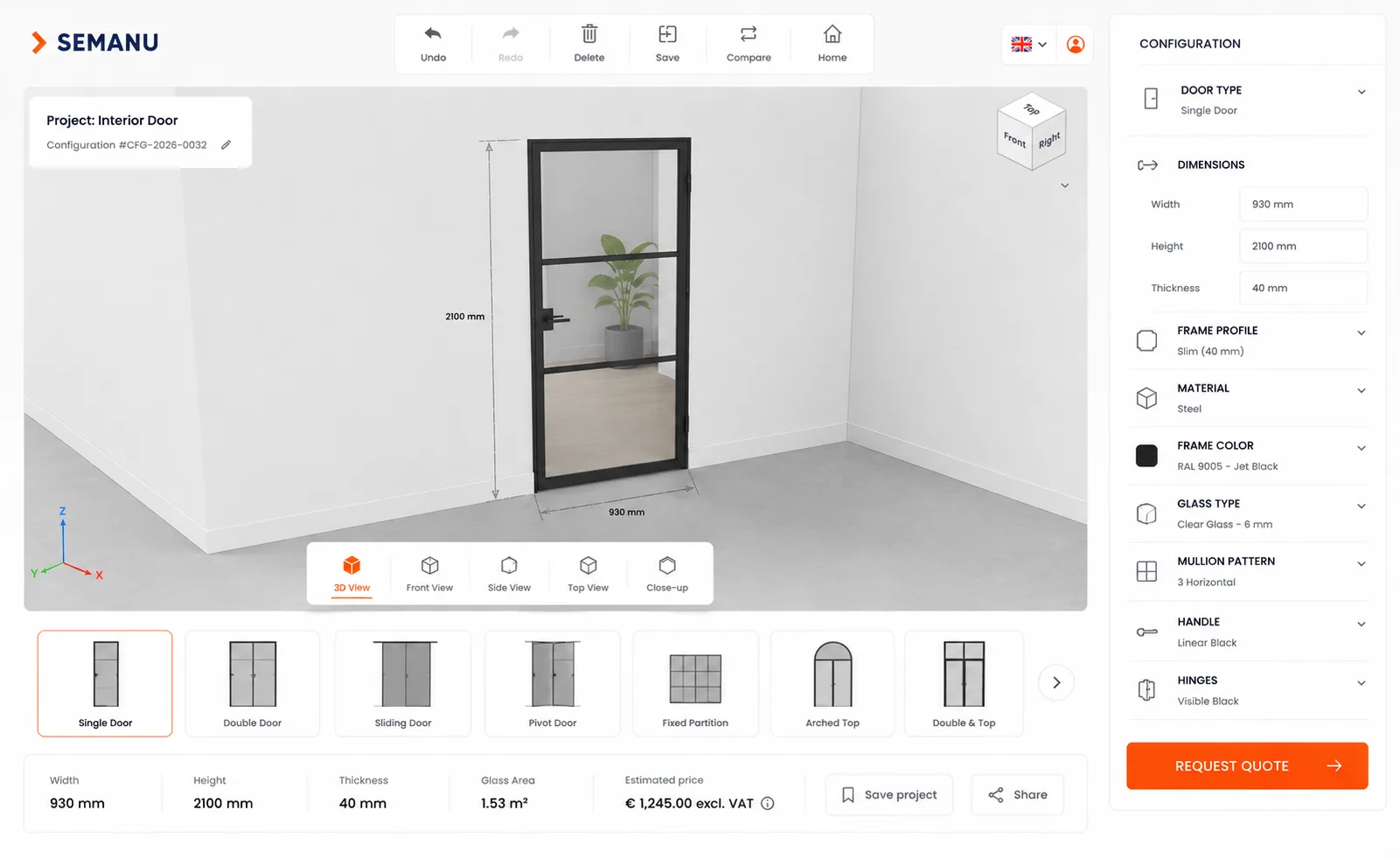 3D-Konfigurator für Stahl-Innentüren mit Glas: Aufteilung und Maße live zusammenstellen