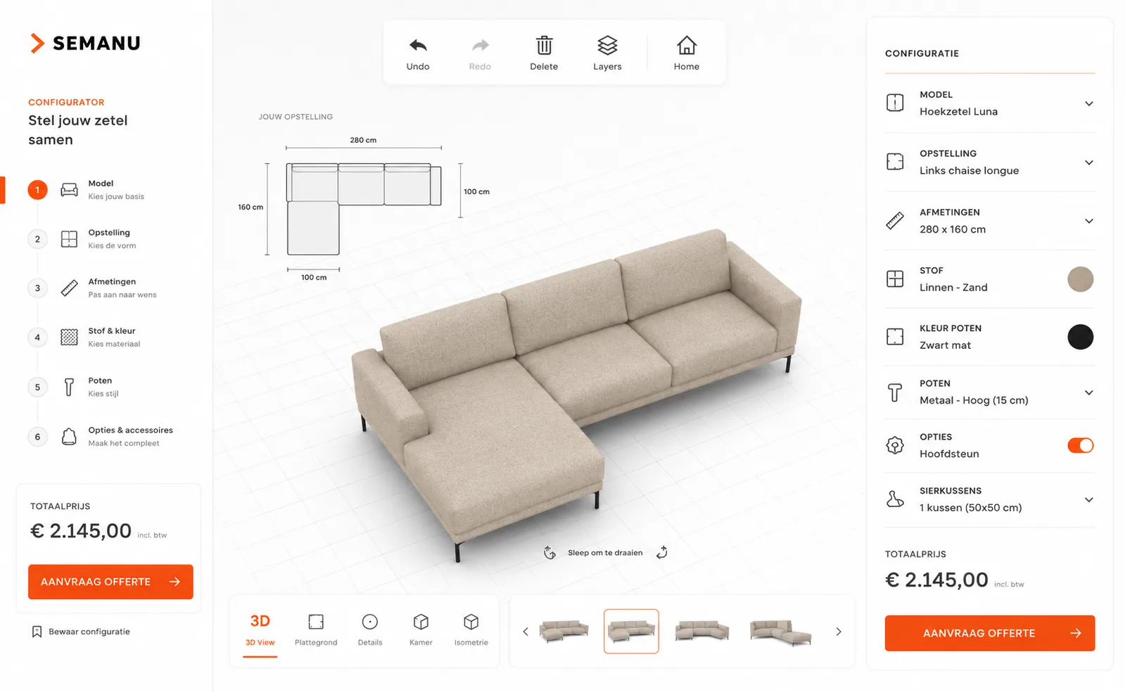 3D-Konfigurator eines Sessels: Materialien und Optionen live anpassen