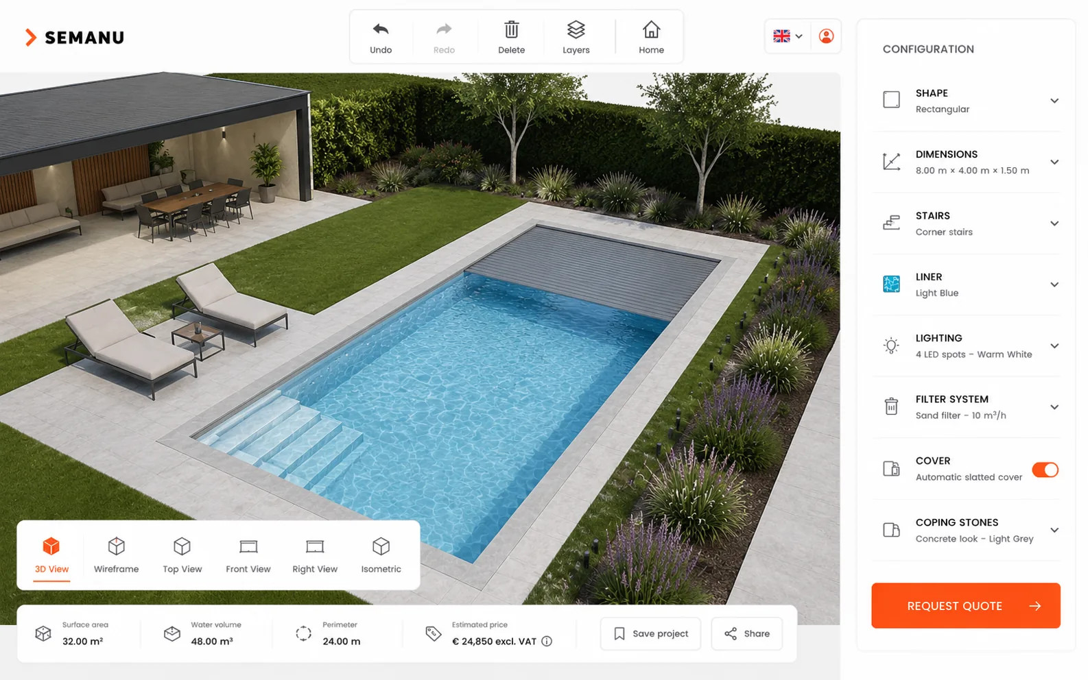3D-Konfigurator eines Schwimmbeckens mit Live-Preisberechnung