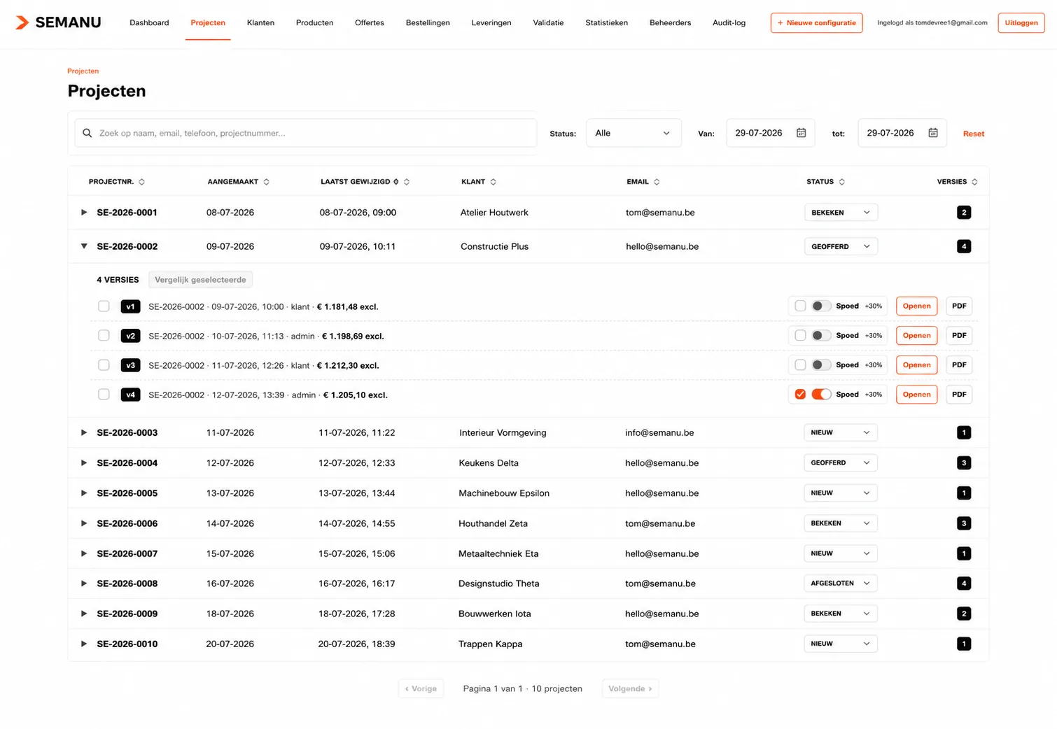 Aperçu des projets avec gestion des versions des conceptions clients dans le configurateur 3D