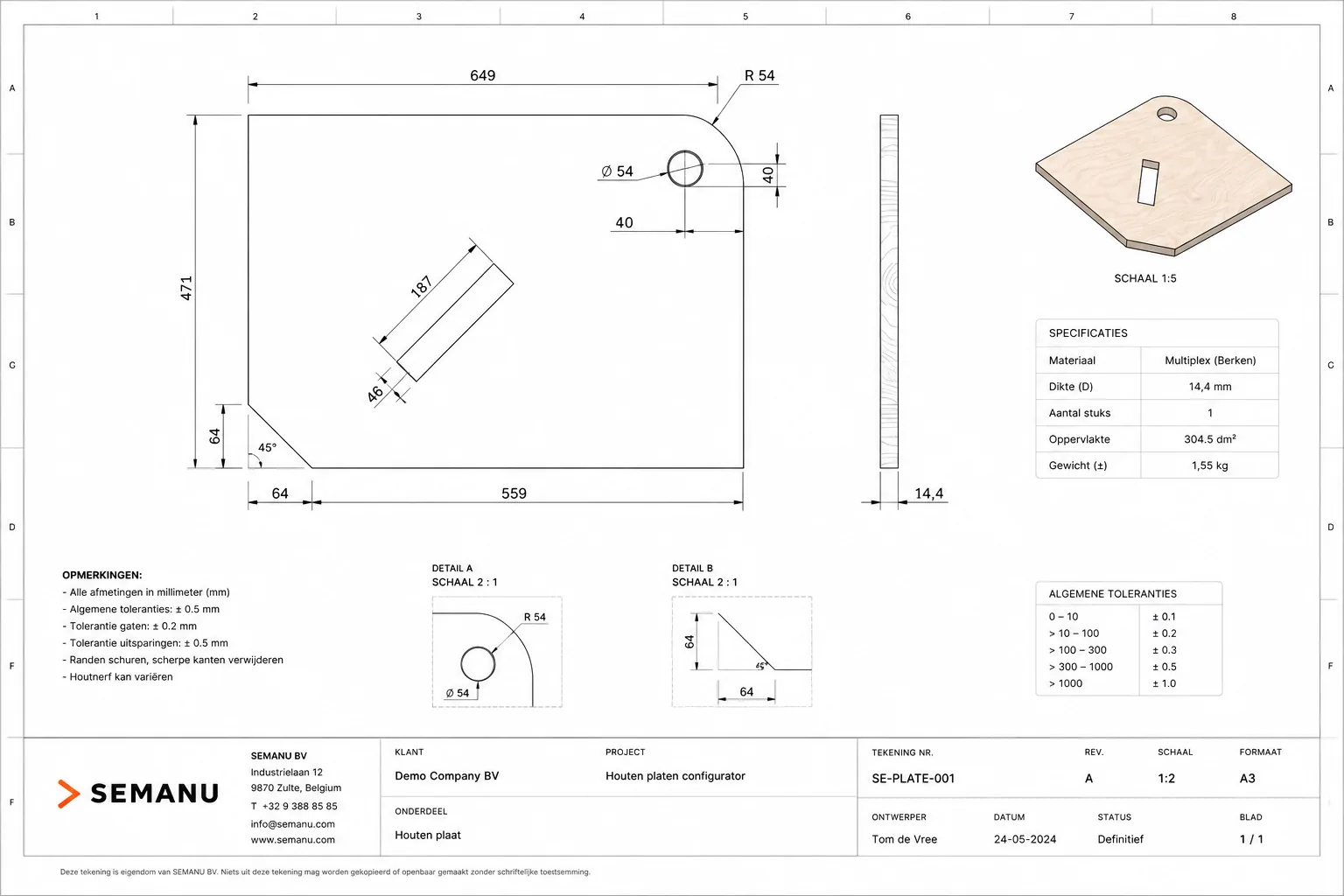 Plan technique d'un panneau en bois généré automatiquement par le configurateur